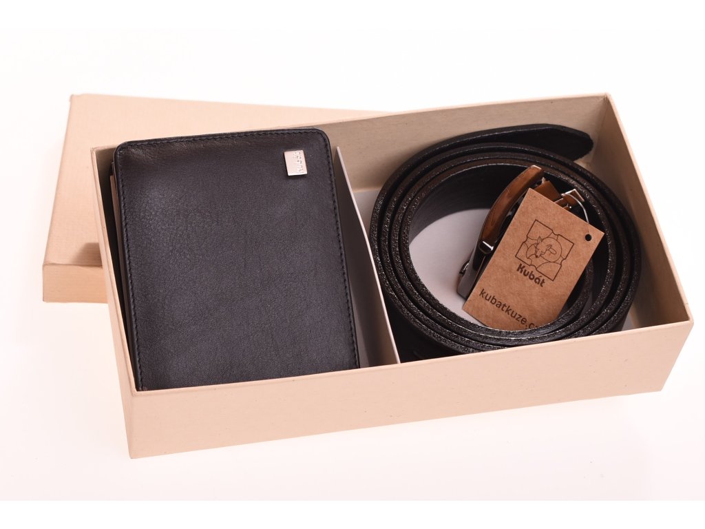 Dárková sada KUBÁT – kožená peněženka a opasek černý