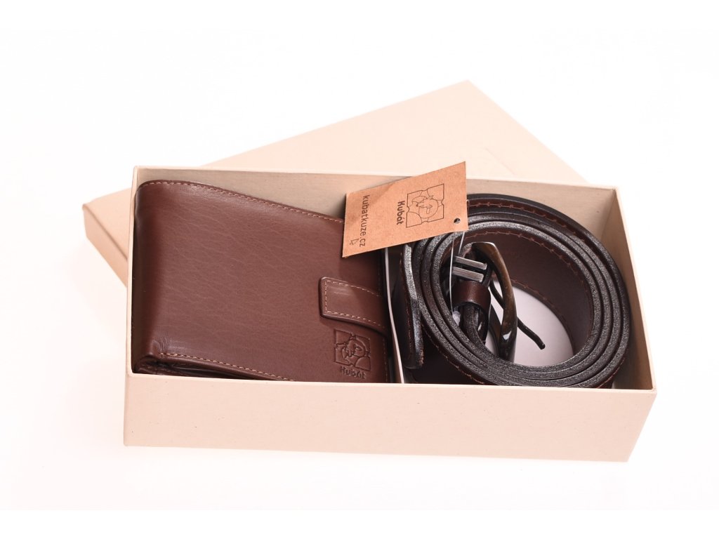 Dárkový set KUBÁT – kožená peněženka a opasek hnědý