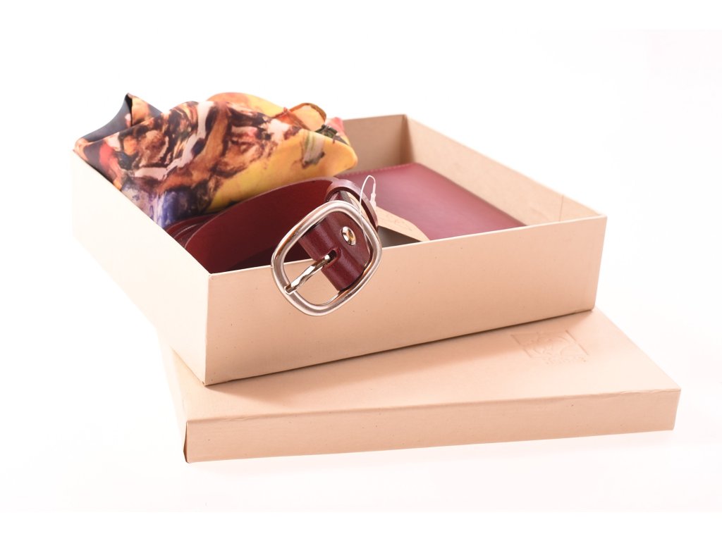 Luxusní dárkový set KUBÁT – peněženka, opasek a šátek bordó